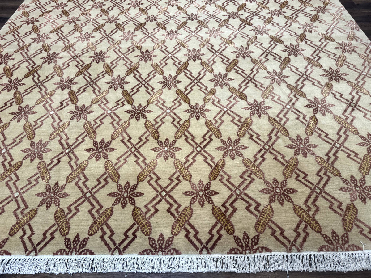 Tibetan Rug 8x10, Wool with Silk Highlights, Beige and Maroon, Contemporary Carpet - Jewel Rugs, view 6