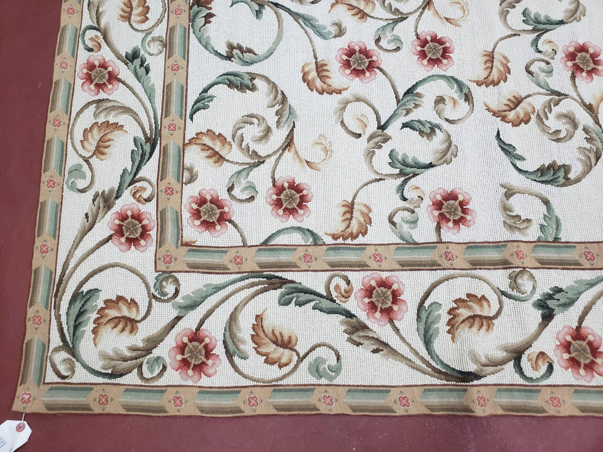 Needlepoint Rug 9x12, European Aubusson Design, Floral Allover Garden Pattern, New Needlepoint Area Rug, Ivory Rug, Hand Woven, Flatweave - Jewel Rugs, view 9