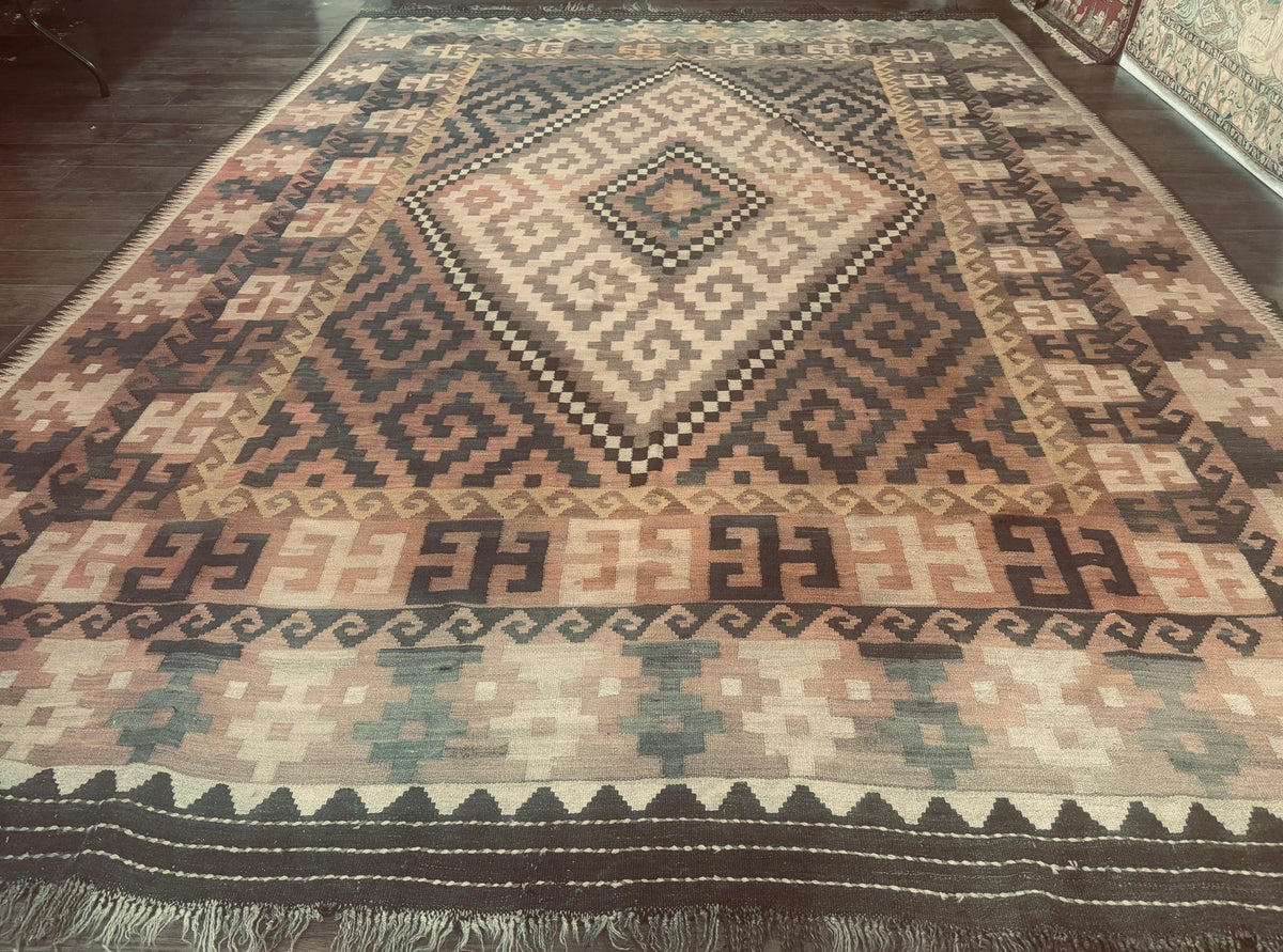Antique Persian Tribal Kilim Rug 9x12, Zig Zag Pattern Kilim, Zarand Rug, Wool, Earth Tone Colors - Jewel Rugs, view 2