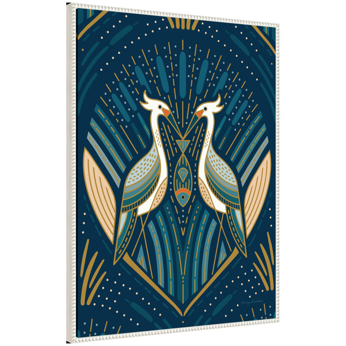 Sylvie Art Deco Herons Blue Framed Canvas by Carey Copeland