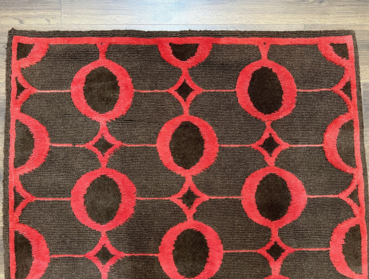 Modern Tibetan Rug 3.8 x 5.7, Raspberry Red and Dark Brown, Abstract Circle Design, Hand Knotted, Soft Wool Handmade Tibet Nepali Carpet 4x6 - Jewel Rugs, view 4