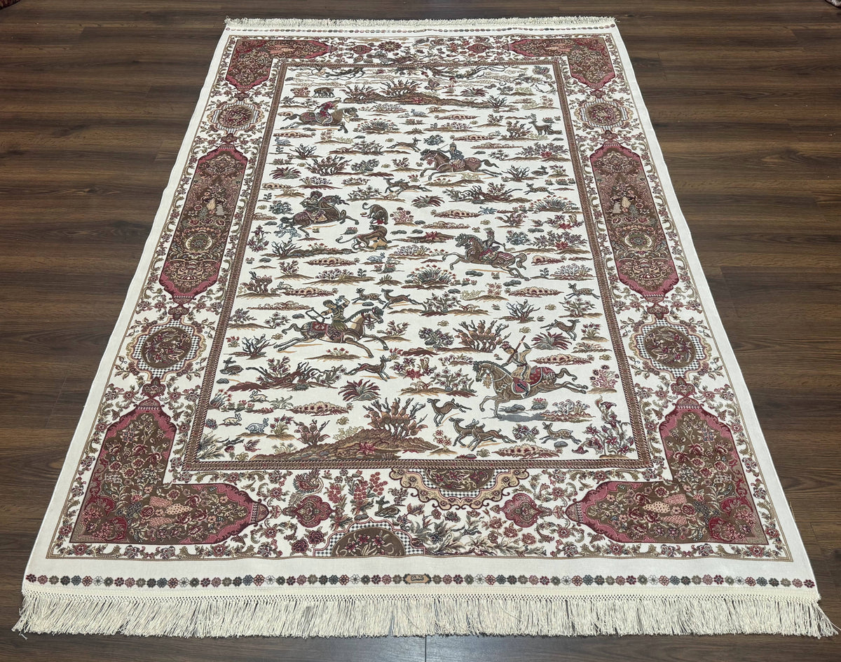 Turkish Silk Rug 5x8, Ivory, Hunting Design, Animal Pictorials, Bamboo Silk - Jewel Rugs, view 2