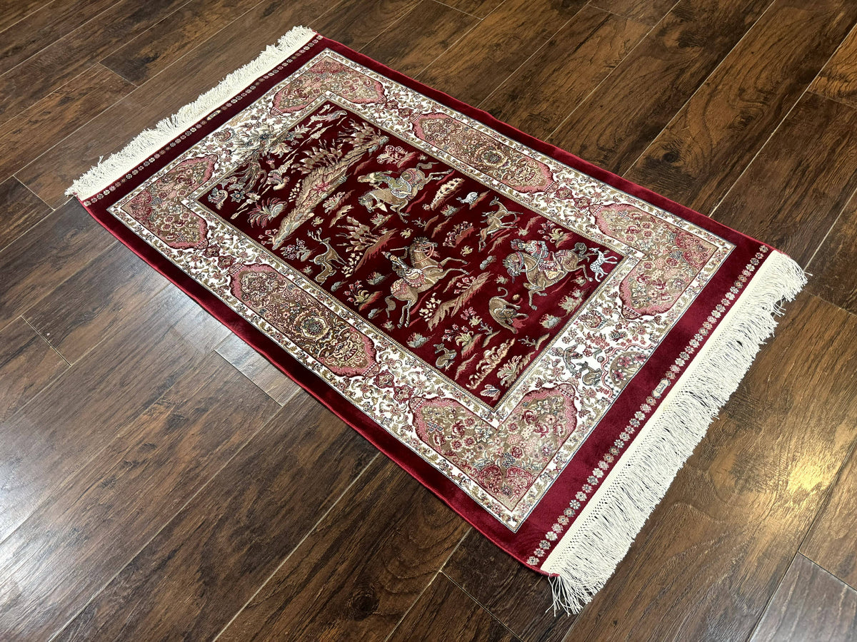 Dark Red Turkish Silk Rug 2.6 x 4, Hunting Design Scene, Bamboo Silk - Jewel Rugs, view 13