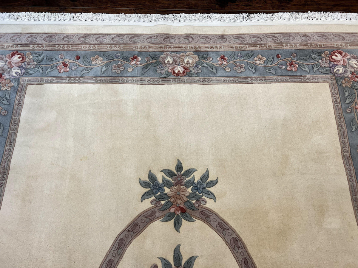 Chinese Carving Rug 8x10, Chinese Wool Carpet 8 x 10, Cream, 120 Line Rug, Vintage Handmade Art Deco Asian Oriental Rug, Aubusson Rug - Jewel Rugs, view 3