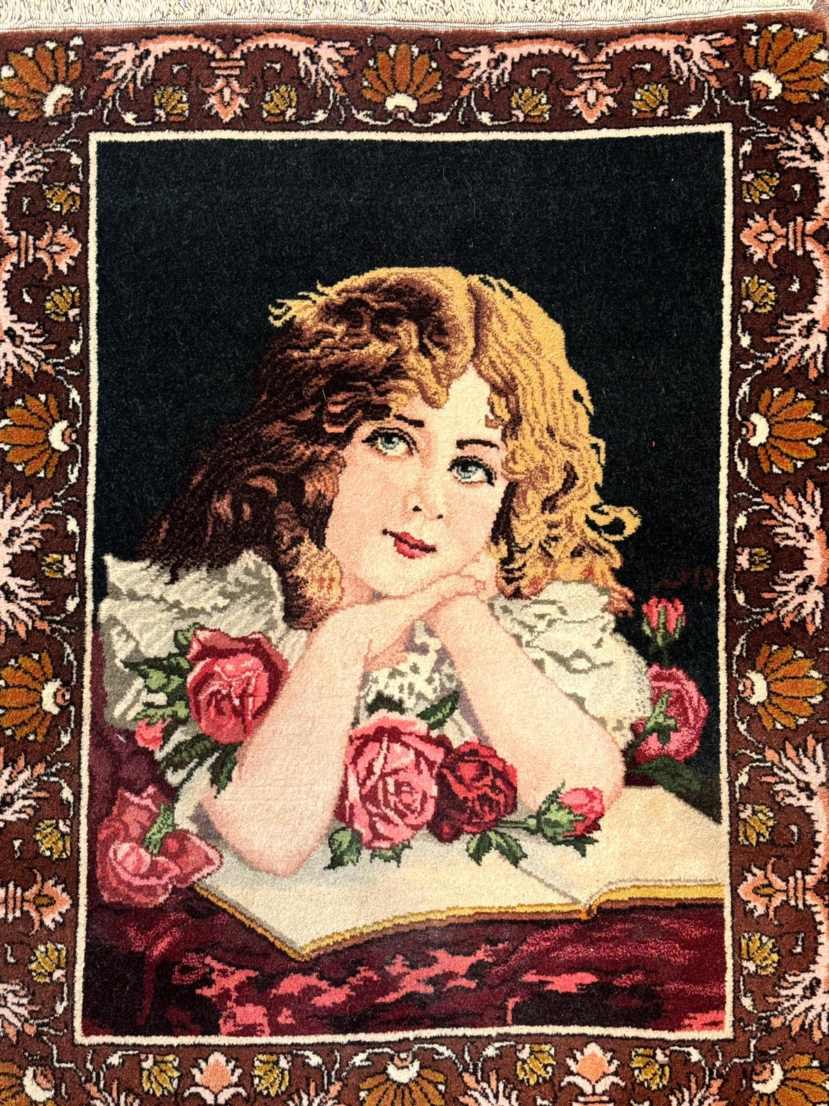Small Persian Tabriz Pictorial Rug of Young Girl, Very Fine 380 KPSI, Portrait of Young Lady with Roses, Handmade, Persian Rug for Wall Hanging - Jewel Rugs, view 11