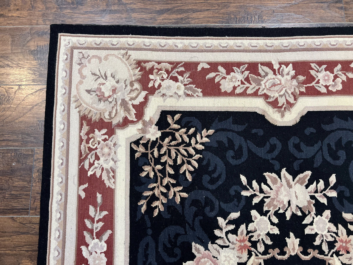 Needlepoint Rug 5x8, Wool Handmade Vintage European Design Carpet, Black & Maroon, French Aubusson Pattern Flatweave Rug - Jewel Rugs, view 7