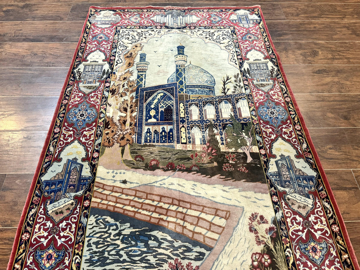 Persian Isfahan Pictorial Rug 3.6 x 5.7, Very Fine 400 KPSI, Historical Buildings, Signed By Masterweaver, Handmade - Jewel Rugs, view 3