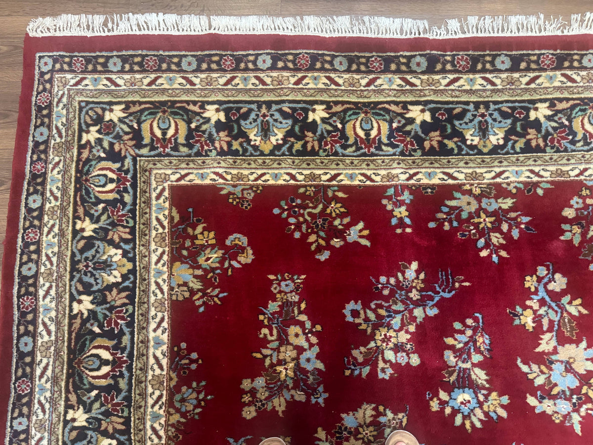 Indo Persian Sarouk Rug 10x14, Large Red and Navy Blue Carpet, Traditional Floral Wool Rug - Jewel Rugs, view 7