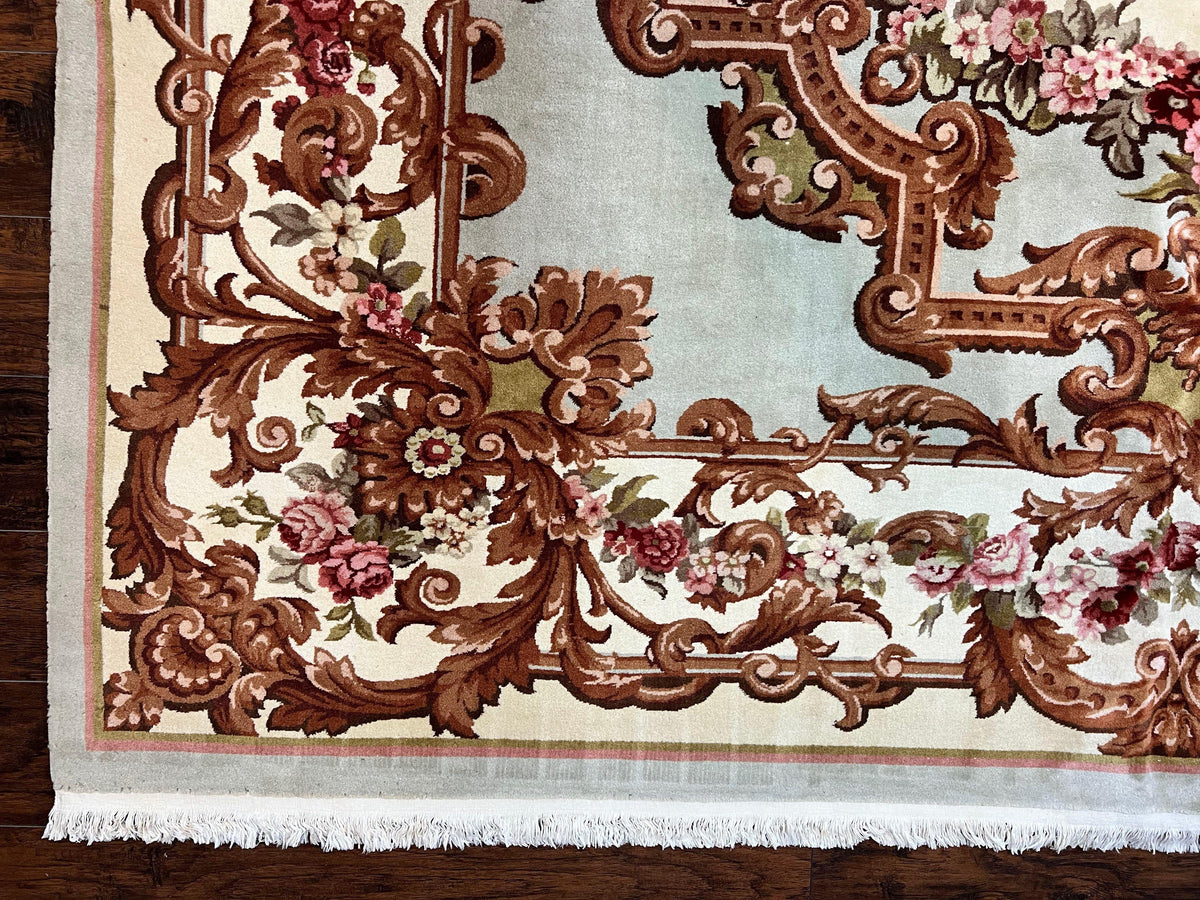 Aubusson Rug 10x13, Cream and Light Mint Green Hand Knotted Handmade French Savonnerie European Carpet, Wool Pile, Large Room Sized Vintage - Jewel Rugs, view 9