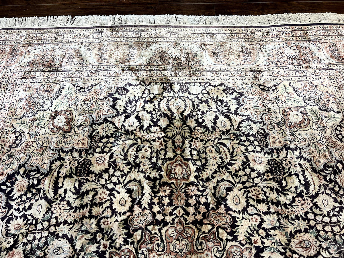 Silk Indian Kashmiri Rug 8x10, Floral Medallion, Indo Persian Carpet, Handmade Vintage Silk Rug - Jewel Rugs, view 4