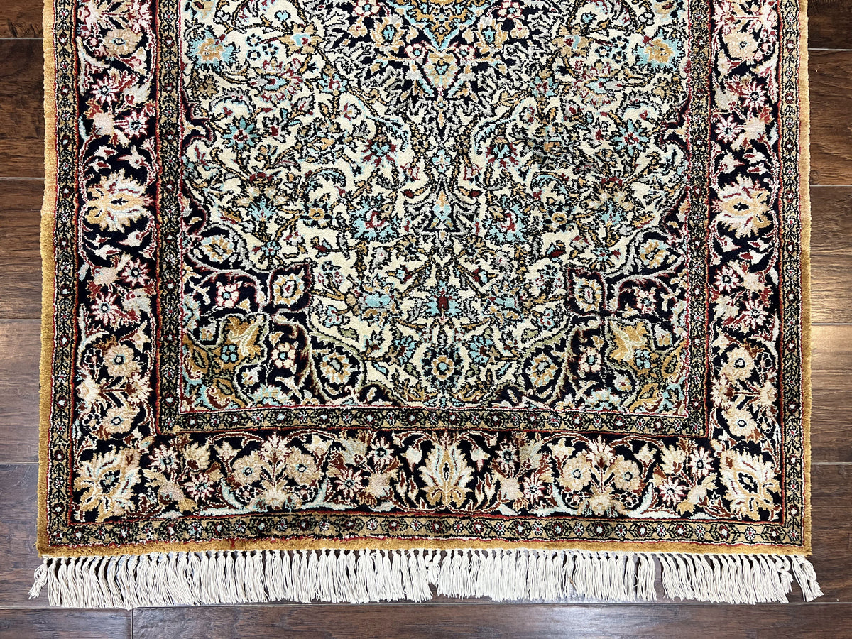 Silk Persian Qum Rug 4x5, Hand Knotted Vintage Carpet, Cream & Navy Blue, Silk Pile on Silk Foundation, Very Fine 360 KPSI - Jewel Rugs, view 5