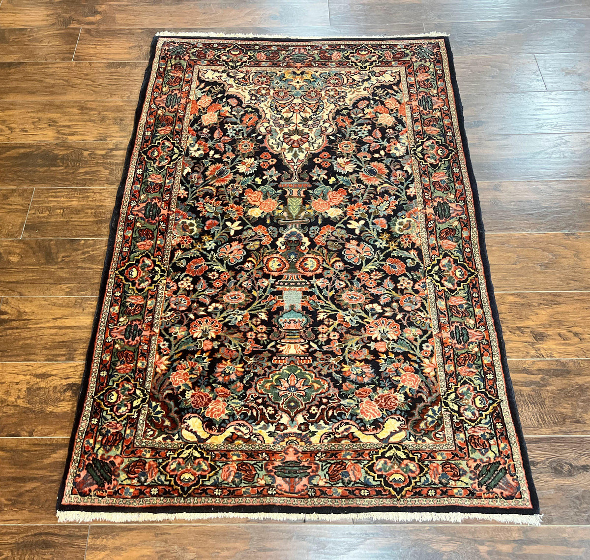Persian Saoruk Rug 4x5, Navy Blue and Red, Floral, Antique Persian Wool Carpet, Handmade - Jewel Rugs, view 13