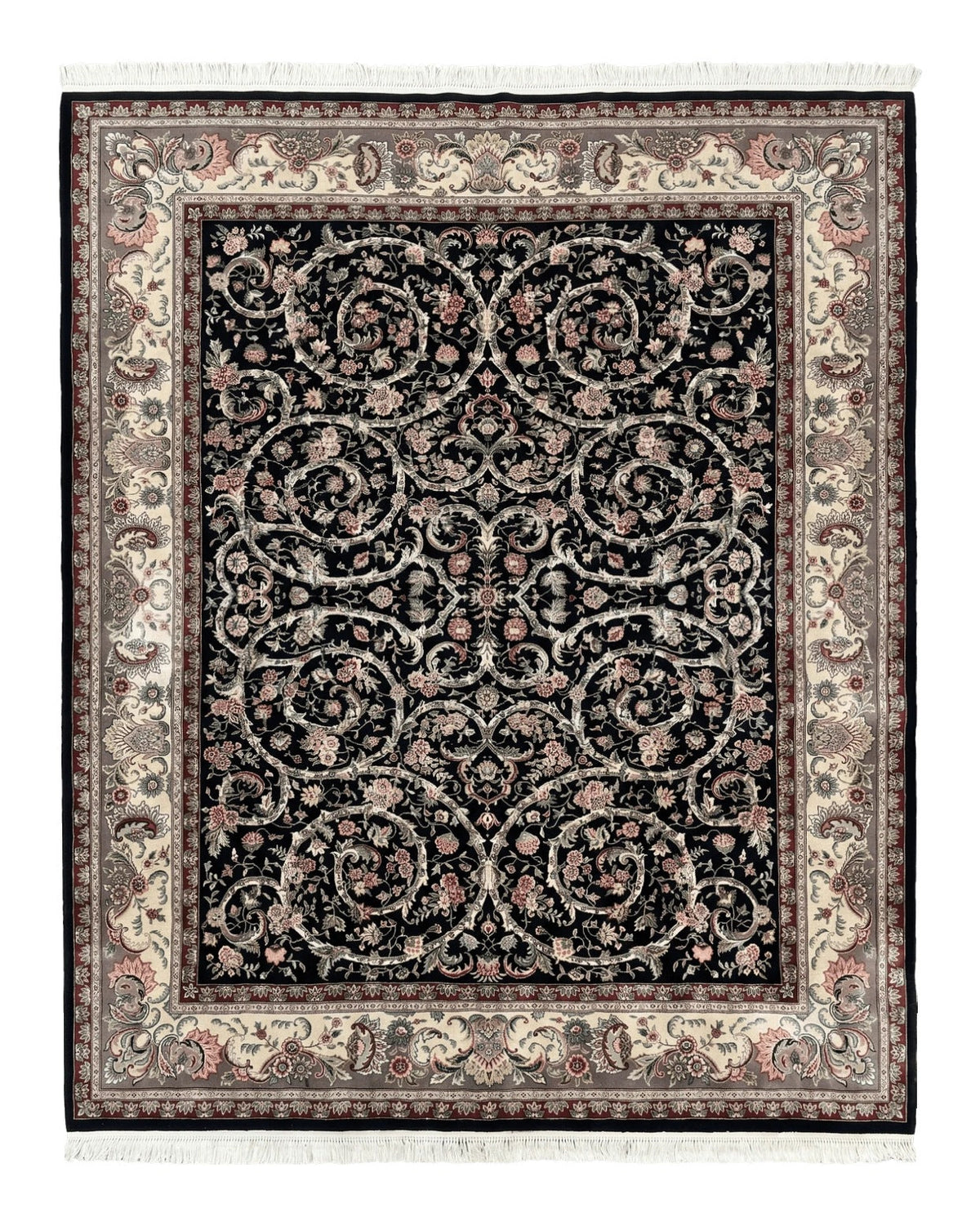 Black Pak Persian Rug 8x11, Floral Pattern, Hand Knotted Vintage Wool Rug with Silk Highlights, Fine 200 KPSI - Jewel Rugs