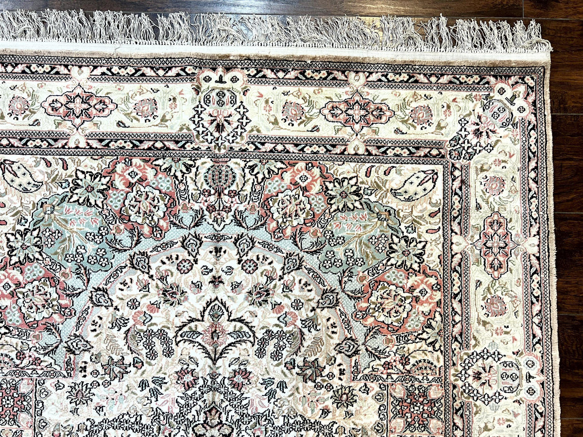 Silk Indian Kashmiri Rug 4x6, Handmade, Ivory, Fine 240 KPSI - Jewel Rugs, view 7