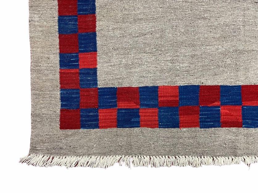 5' 7" x 7' 9" Geometric Kilim Carpet, Gray, Handmade, Hand-Knotted Area Rug, Blue & Red, Flatweave, Wool, New, Checkerboard Pattern - Jewel Rugs, view 10