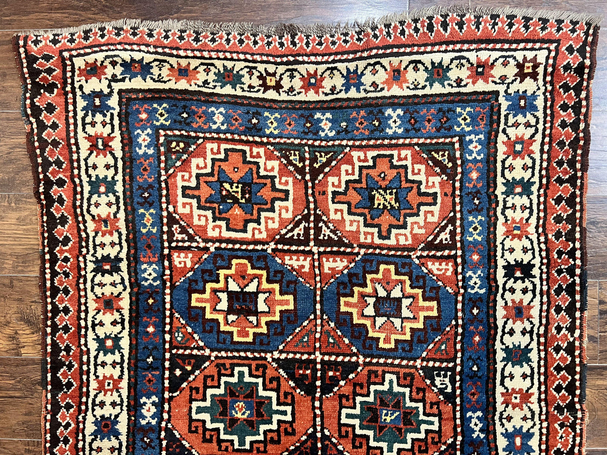 Antique Caucasian Kazak Runner Rug 4 x 9.5, Handmade Wool Rug for Hallway, Rare Colorful Panel Design Mid 19th Century 1870s Oriental Carpet - Jewel Rugs, view 3