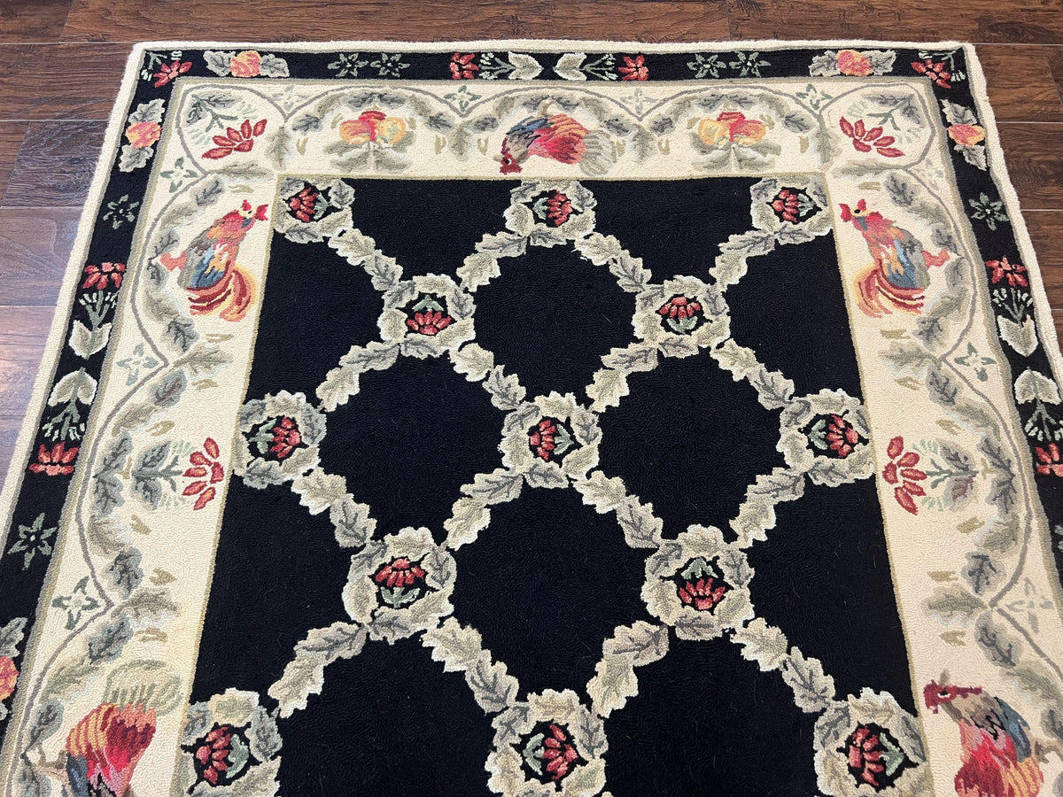 Hooked Rug 5x8, European Aubusson Pattern, Black and Ivory, Roses & Roosters, Vintage Wool Rug - Jewel Rugs, view 5