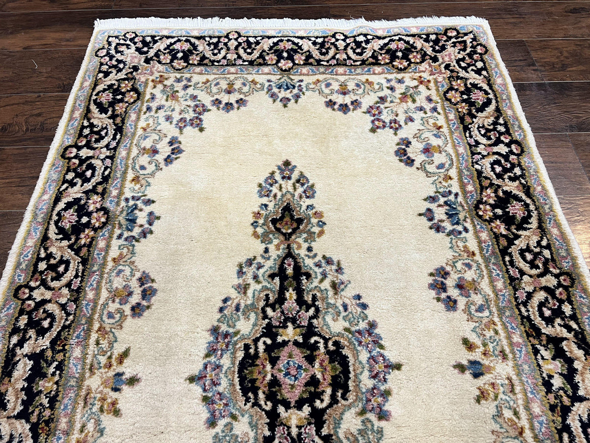 Persian Kirman Rug 4x7, Wool Hand Knotted Antique Carpet, Beige, Semi Open Field Medallion Rug, Traditional Handmade Oriental Rug - Jewel Rugs, view 12