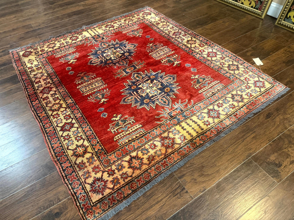 Square Turkish Rug 6x6, Azerbaijani Azeri Turkish Armenian Rug, Red Tan Blue, Geometric, Wool Carpet - Jewel Rugs, view 13