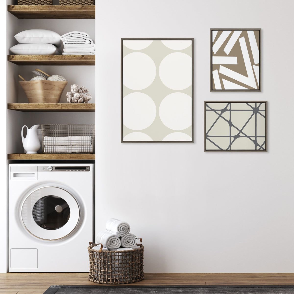 Sylvie Elevated Modern Neutral Dots, Neutral Pattern No 2 and Neutral Stained Glass Framed Canvas by The Creative Bunch Studio