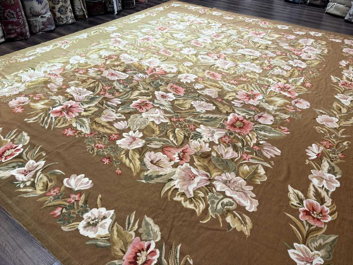 Large Needlepoint Rug 11x14, Vintage Floral Wool Carpet, Caramel - Jewel Rugs, view 2