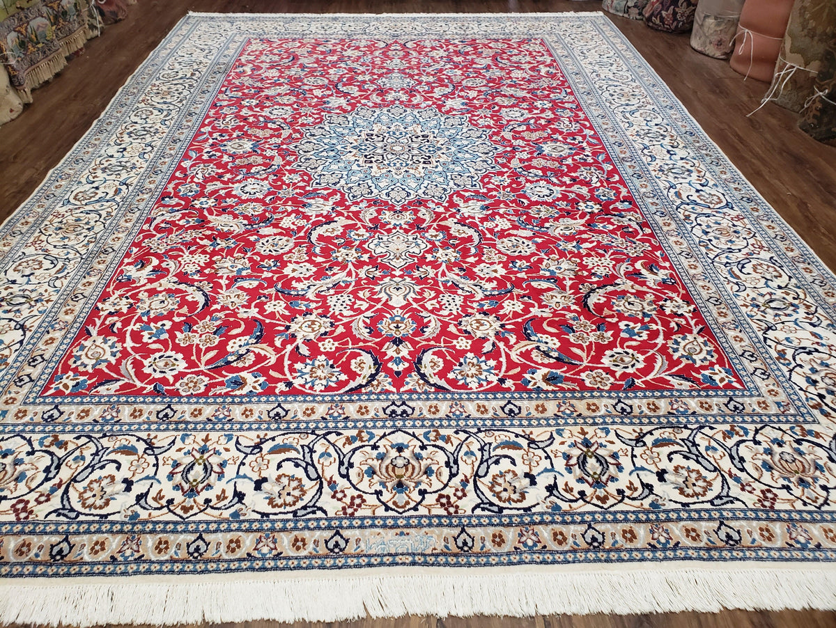 Persian Nain Rug 8x12, Red and Ivory, Signed - Jewel Rugs