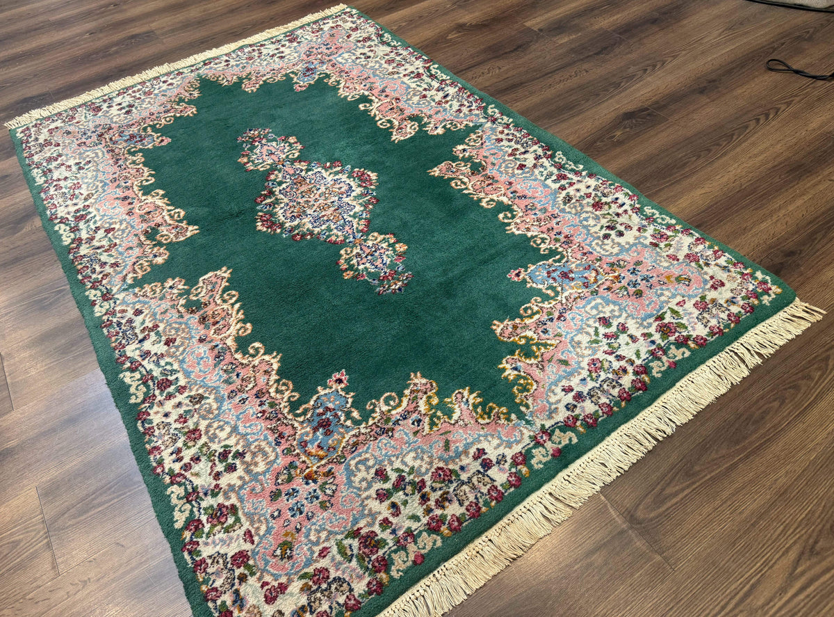 Persian Kerman Rug 4x6, Green Ivory Pink, Wool Vintage, Semi Open Field - Jewel Rugs, view 13