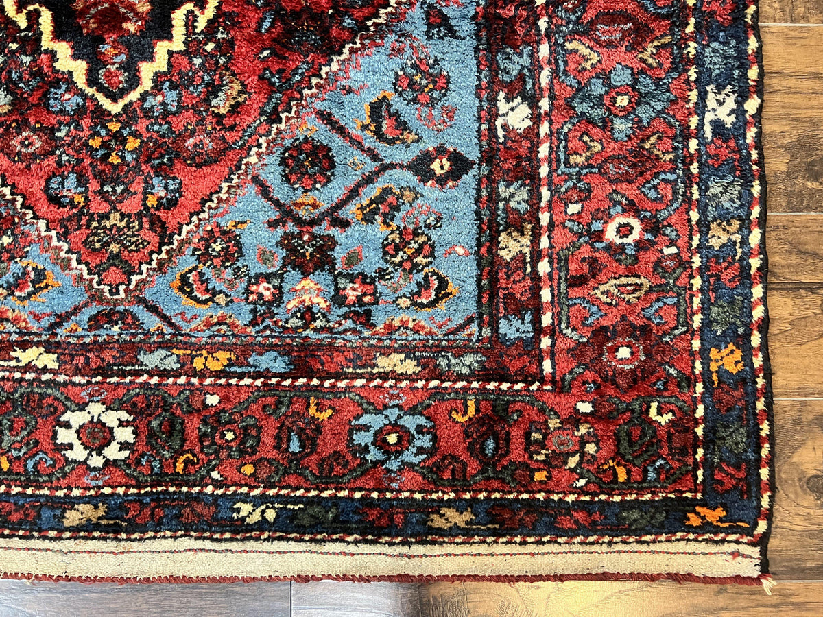 Antique Persian Tribal Rug 4x7, Wool Handmade 1920s Carpet, Red Blue, Persian Hamadan Rug - Jewel Rugs, view 9