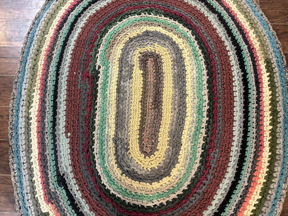Antique American Braided Rug 5x7, Oval Multicolor Handmade Wool Braided Carpet - Jewel Rugs, view 8