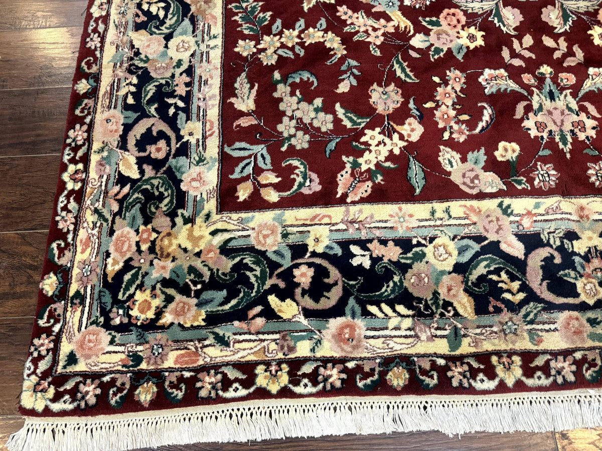 Indo Persian Rug 8x10, Floral Allover with Bird Pictorials, Maroon and Navy Blue, Handmade Wool Area Rug - Jewel Rugs, view 9