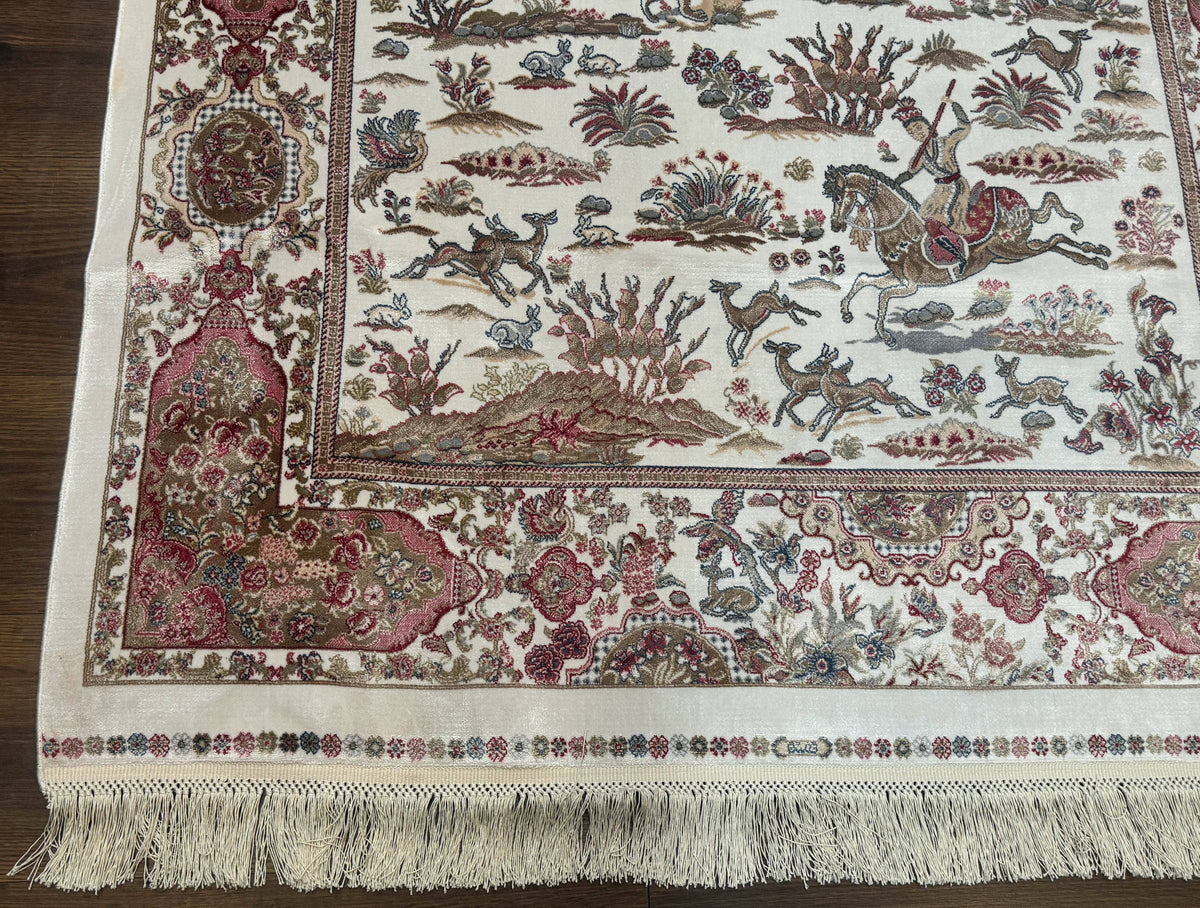 Turkish Silk Hunting Scene Rug 4x6, Ivory, Bamboo Silk, New - Jewel Rugs, view 9