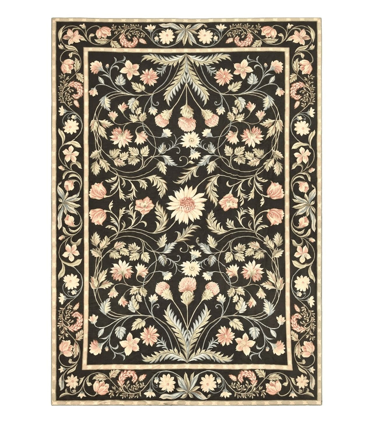 Large Needlepoint Rug 11x16, Dark Green Floral Elegant European Design Vintage Wool Handmade Carpet, Palace Size Rug - Jewel Rugs