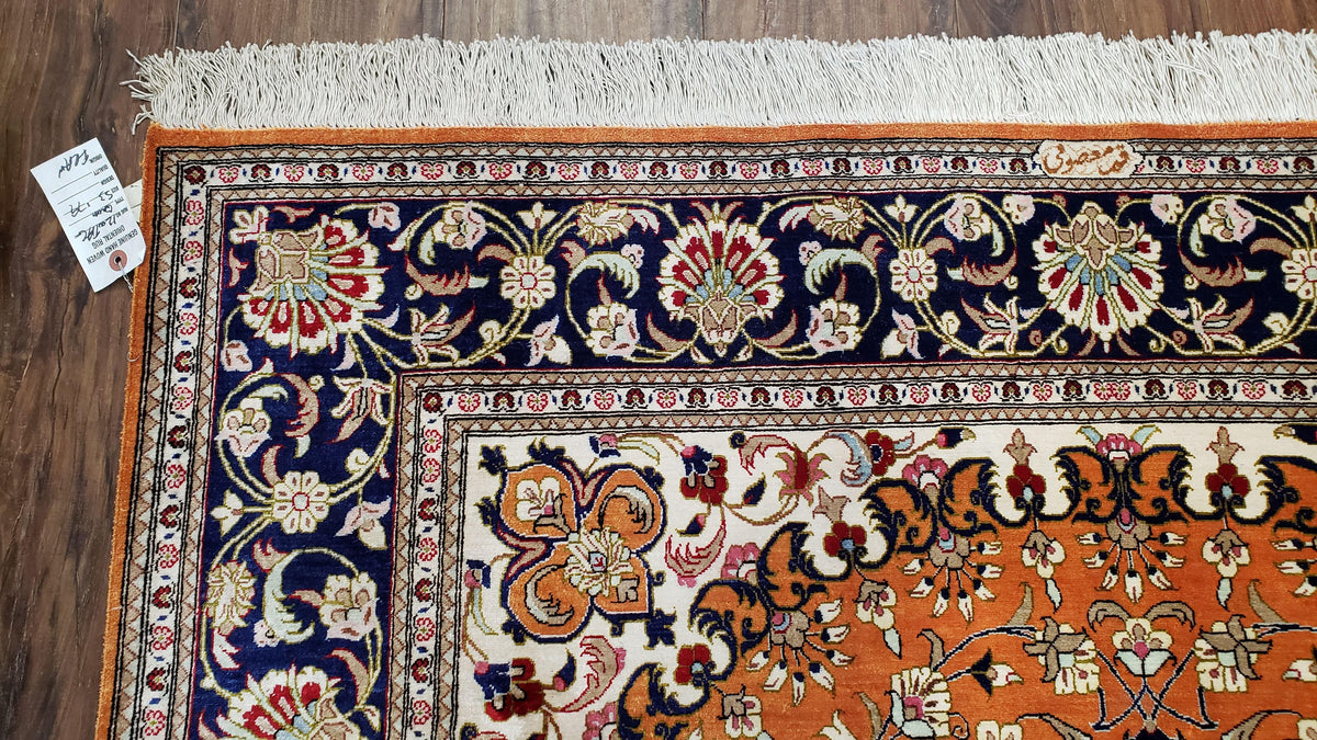Vintage Persian Qum Silk Rug 4.6 x 6.7, Burnt Orange and Navy Blue, Antique Oriental Very Fine Signature Master Weaver 350+ KPSI Ghom Qom 5x7 Rug - Jewel Rugs, view 9
