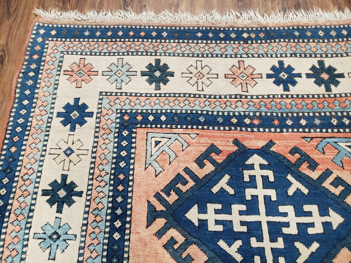Turkish Kazak Rug 5x8 ft, Bold Geometric Bohemian Carpet, Blue and Ivory Hand Knotted Area Rug, Medium Sized High Quality Wool Oriental Rug - Jewel Rugs, view 7
