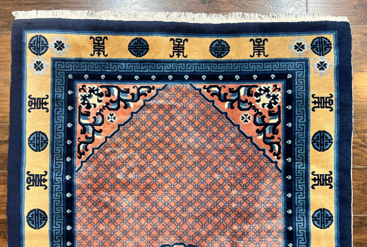 Chinese Peking Rug 5x8, Vintage Semi Antique Chinese Art Deco Carpet, Wool Pile Light Red/Salmon Gold Navy Blue, Handmade Asian Oriental Rug - Jewel Rugs, view 4