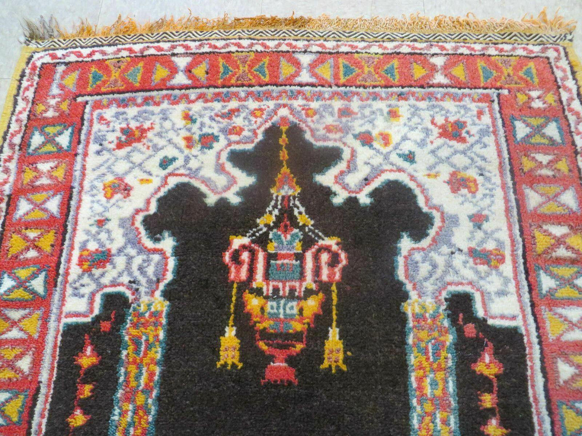Antique Moroccan Runner Rug 3x7, Moroccan Prayer Rug, Double Mehrab Prayer Arches, Black and Red, Hand-Knotted Wool Carpet, Hallway Rug Nice - Jewel Rugs, view 10