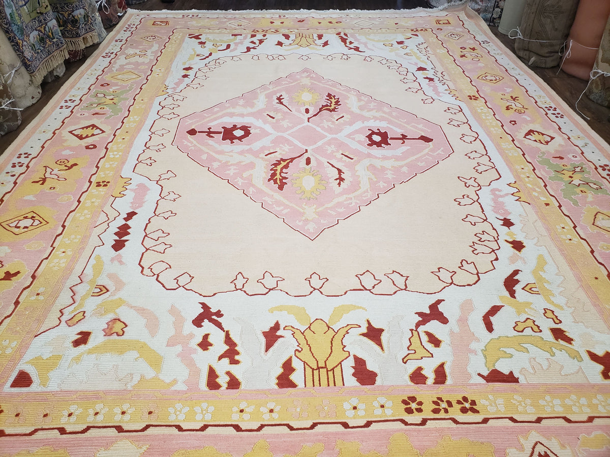 Large Turkish Kilim Carpet 10x14, Vintage Hand-Knotted Turkish Kilim Rug 10 x 14, Pink Cream Yellow Red, Decorative, Geometric, Unique - Jewel Rugs, view 2