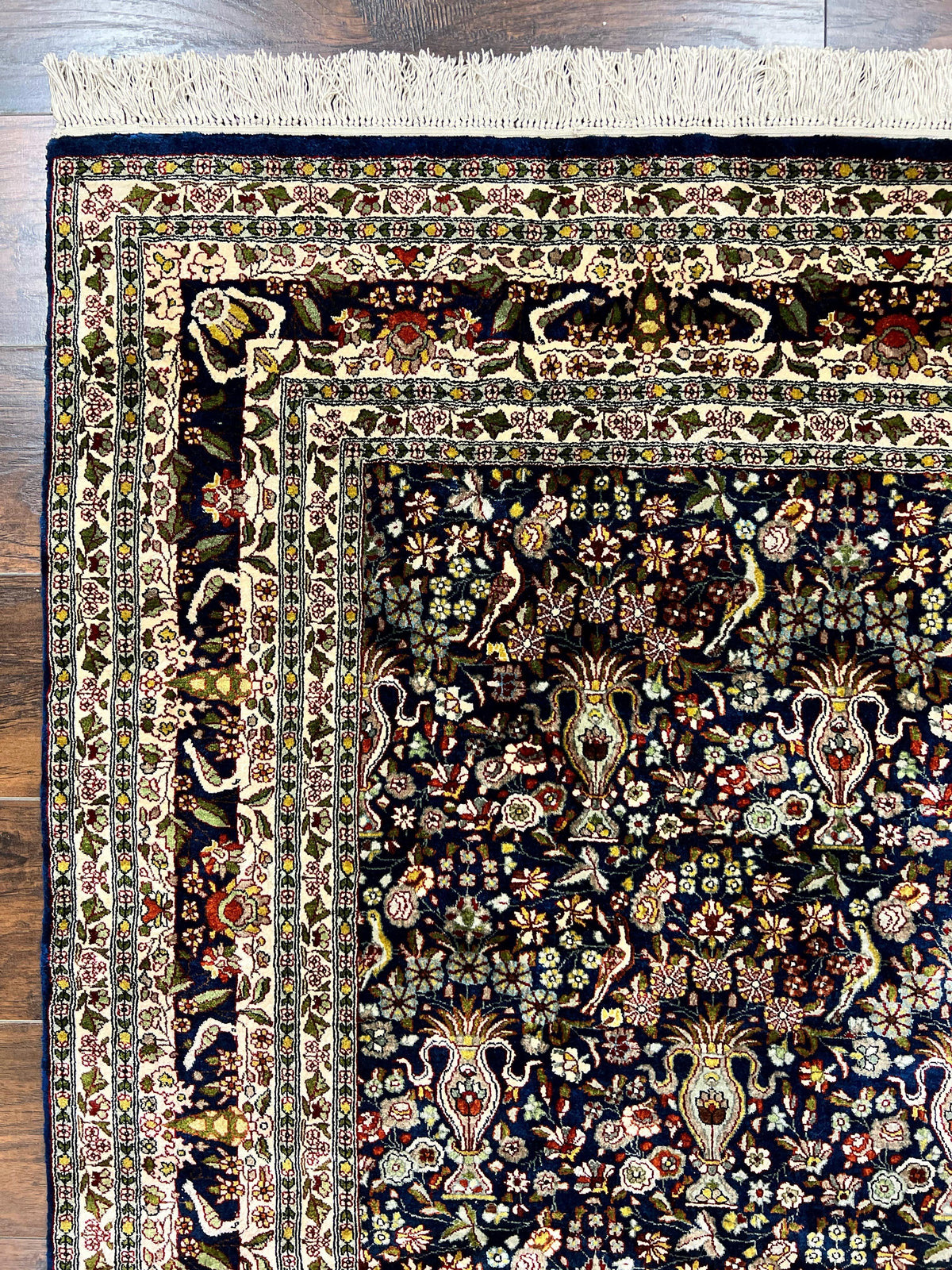 Silk Indian Kashmiri Rug 5x7, Navy Blue Indo Persian Silk Carpet 5 x 7 ft, Hand Knotted Handmade Very Fine Oriental Carpet, 450 KPSI, Birds - Jewel Rugs, view 6