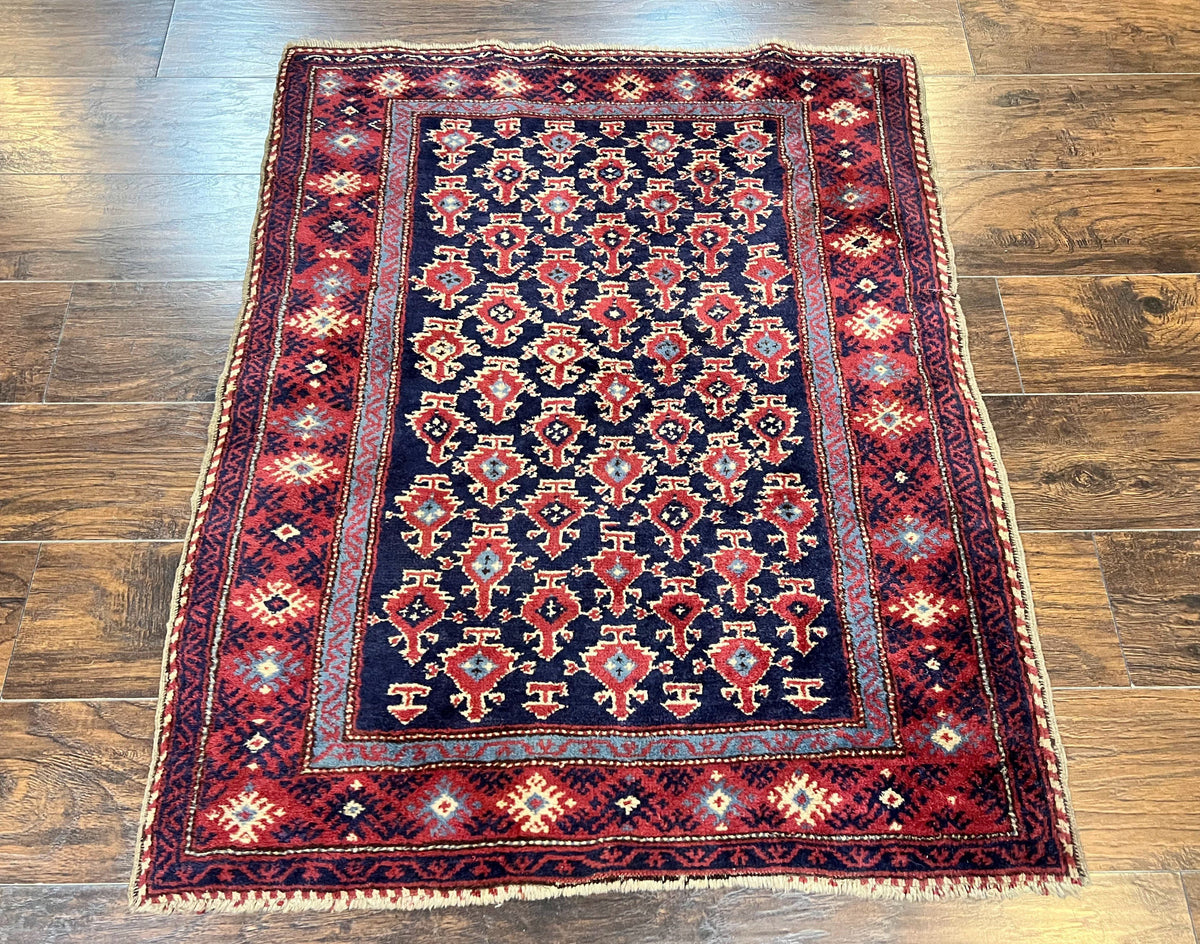 Turkish Sparta Rug 3x4, Allover Pattern, Navy Blue and Red, Antique Ispara Oriental Carpet 3 x 4, Small Turkish Handmade Vintage Wool Rug - Jewel Rugs, view 2