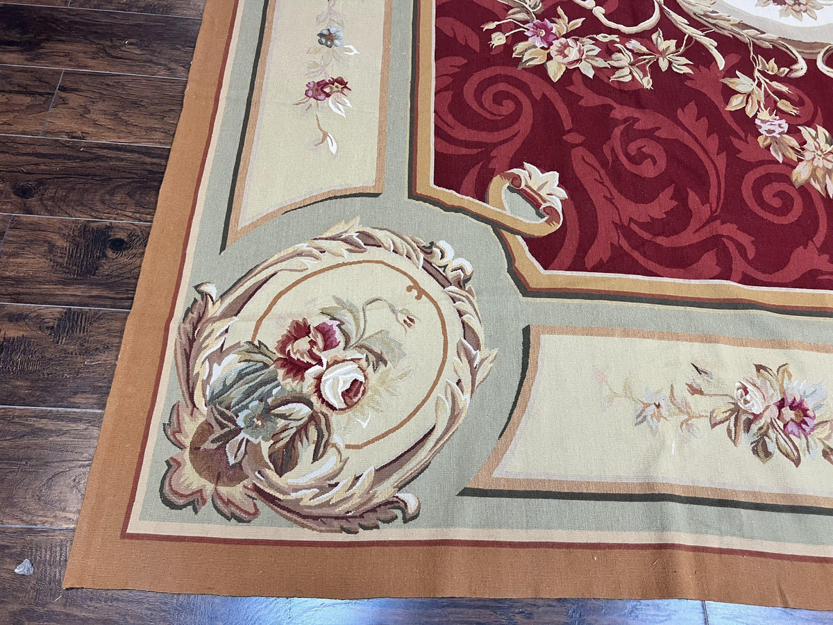 Large Aubusson Rug 10x14, Wool Handmade Vintage Carpet, Dark Red Ivory Tan, French European Elegant Aubusson Weave Rug - Jewel Rugs, view 9
