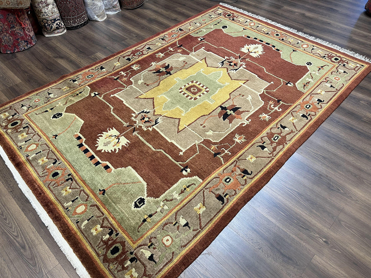 Tibetan Rug 7x10, Geometric Medallion, Red Green Taupe, Hand Knotted, Soft Wool Area Rug, Contemporary Carpet, Handmade Nepali Rug 7 x 10 ft - Jewel Rugs, view 3