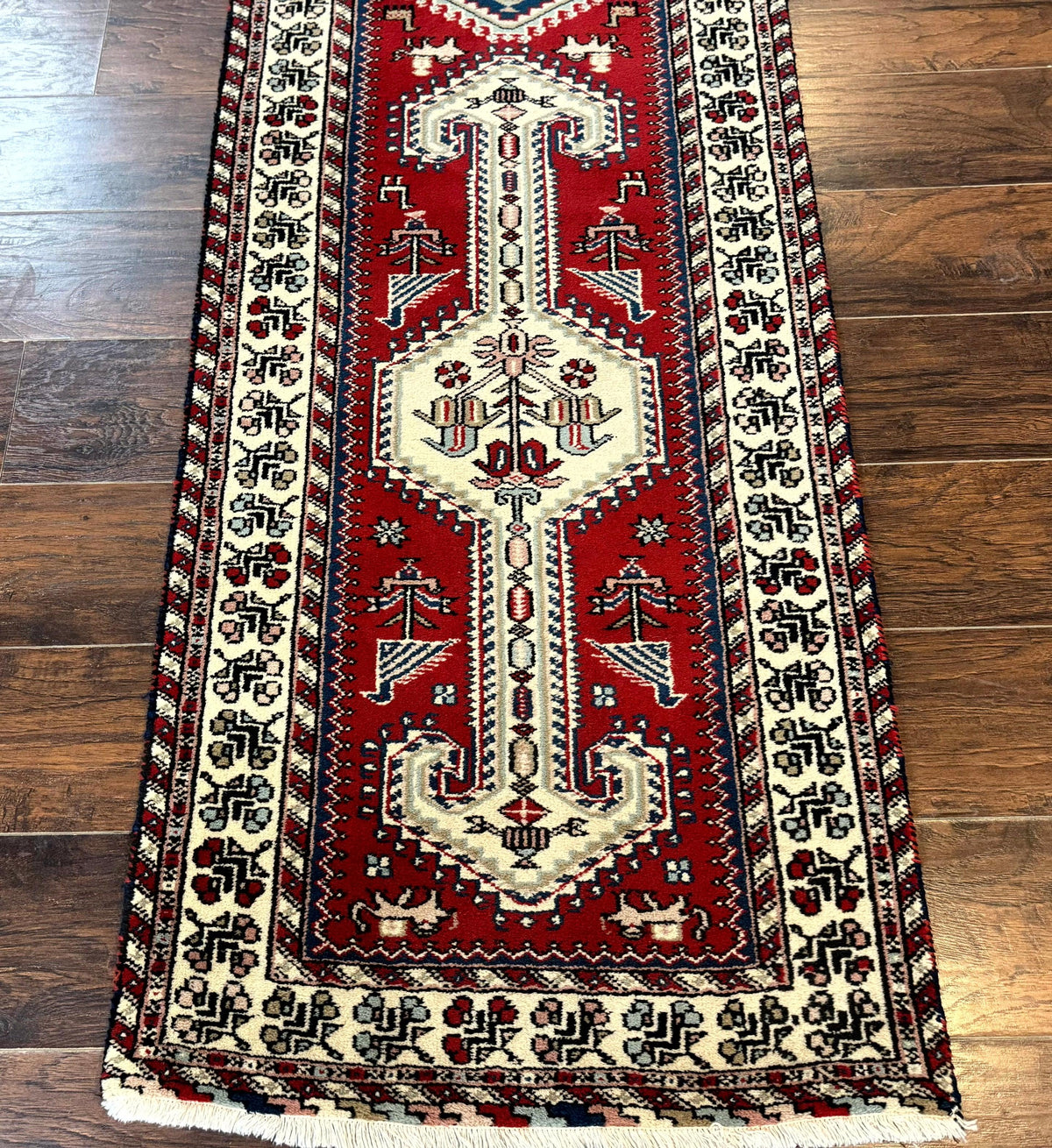 Indo Persian Runner Rug 2.6 x 12, Heriz Geometric Caucasian Design, Animal Pictorials, Tribal Runner Rug, Vintage Handmade Wool Red - Jewel Rugs, view 9