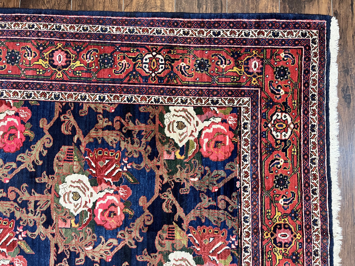 Persian Bidjar Rug 8x11, Floral Bouquets, Blue Black Red Pink, Handmade Hand Knotted Vintage Semi Antique Oriental Carpet - Jewel Rugs, view 7