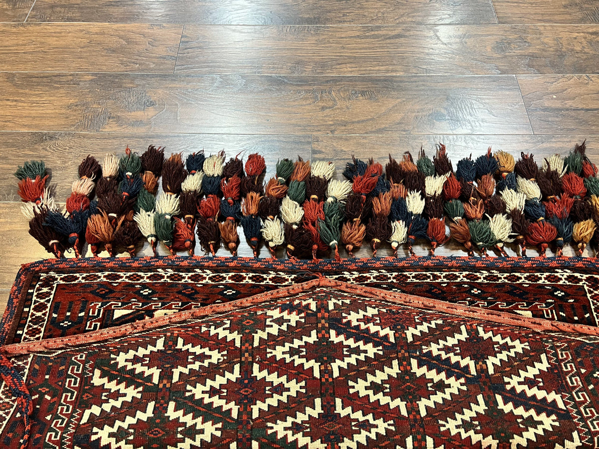 Antique Turkoman Camel Trapping, Turkoman Asmalyk, Red Black Ivory, Handmade, Hand Knotted Tribal Collectible Rug, Rare - Jewel Rugs, view 10