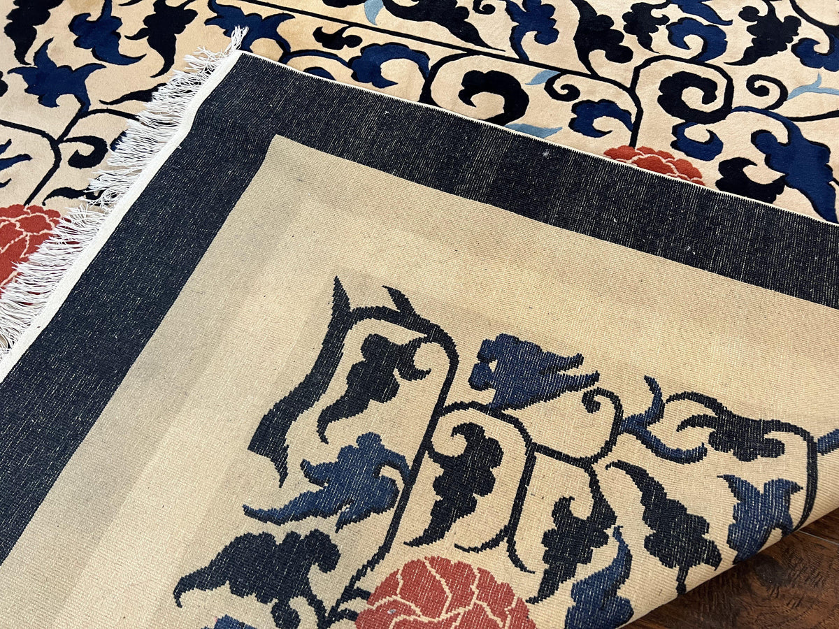 Antique Chinese Peking Rug 10x14, Beige Black, Handmade Wool Art Deco Carpet - Jewel Rugs, view 11