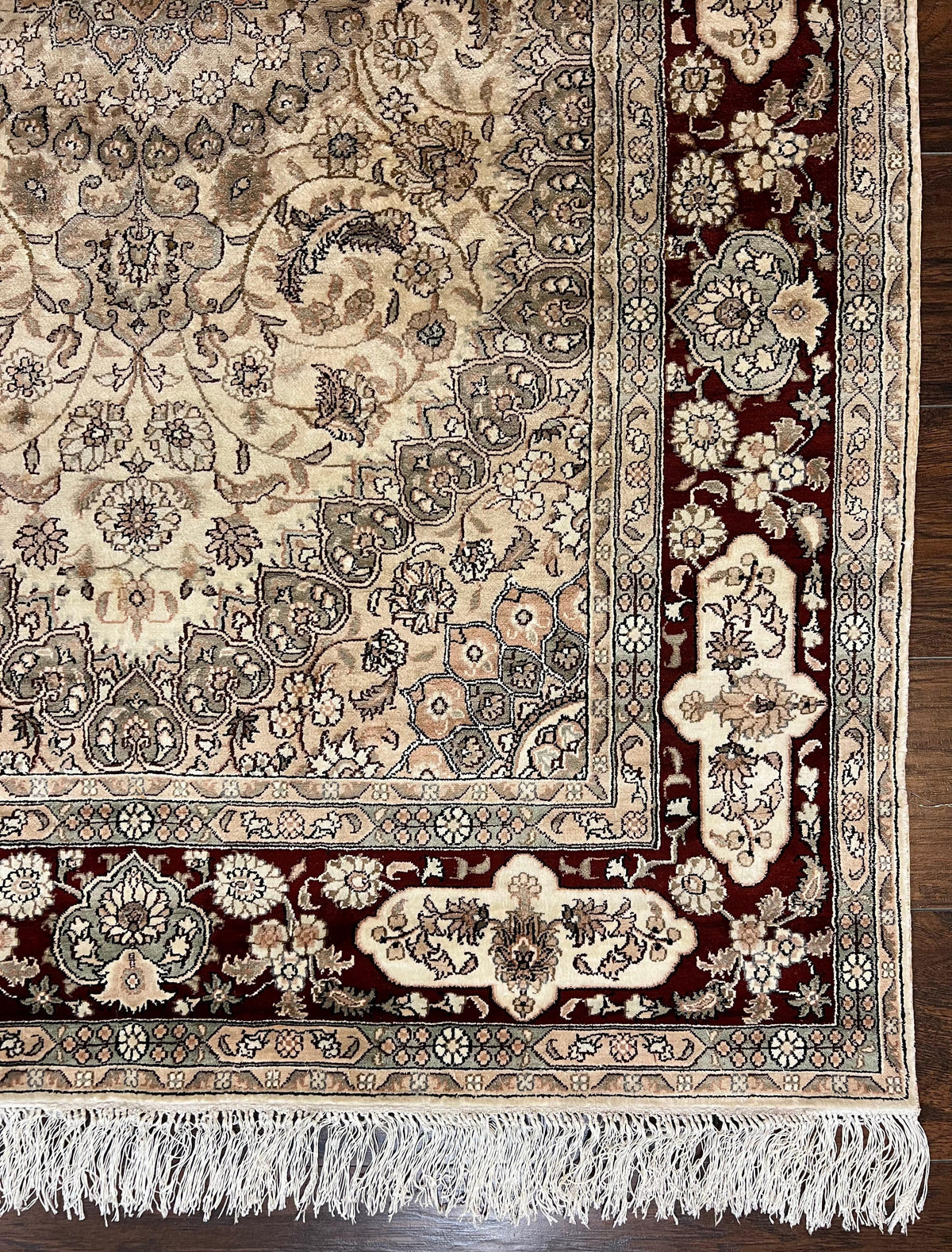Silk Indian Kashmiri Rug 4x6 ft, Floral Medallion Hand Knotted Handmade Oriental Carpet, Vintage, Cream Burgundy, Very Fine Silk Rug 4 x 6 - Jewel Rugs, view 9