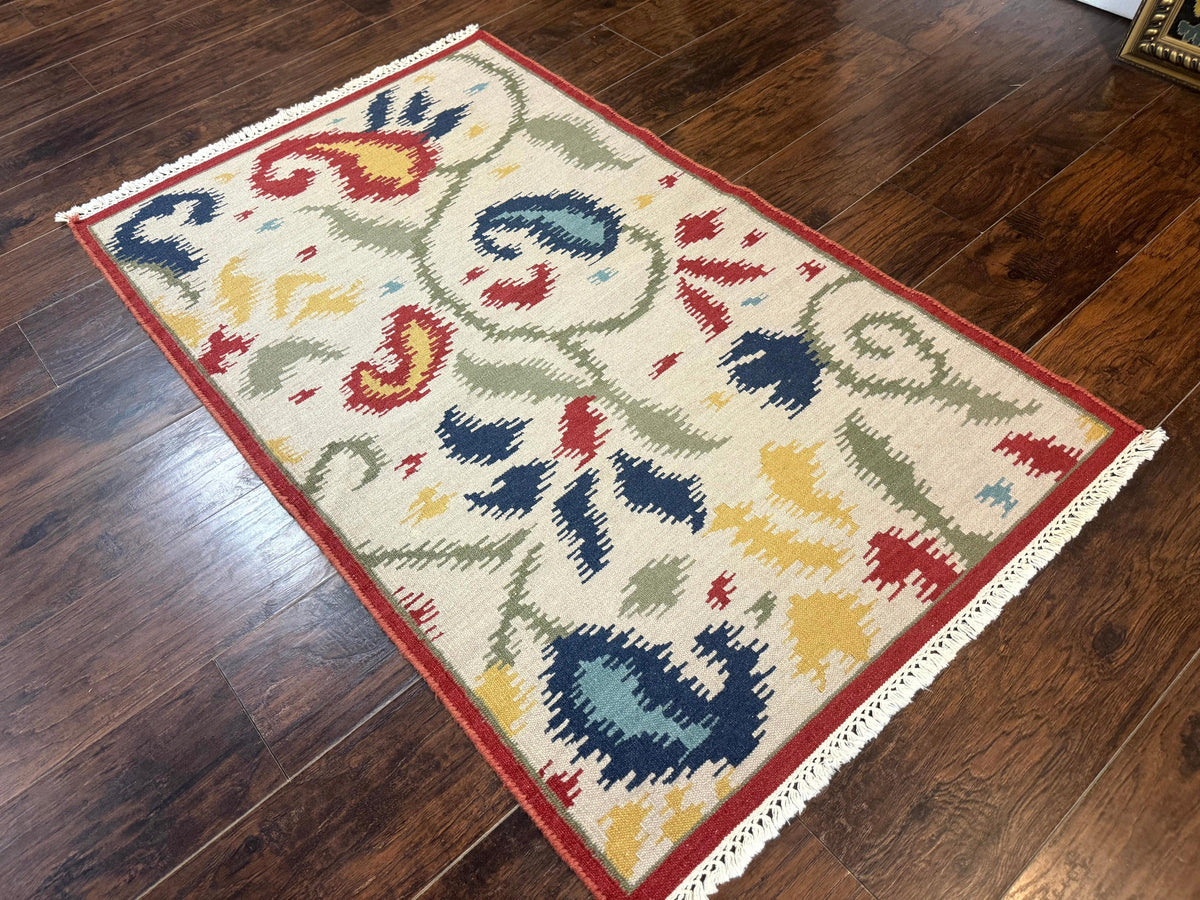 Indian Kilim Flatweave Rug 3x5, Abstract, Beige and Multicolor Flowers, Handmade - Jewel Rugs, view 9