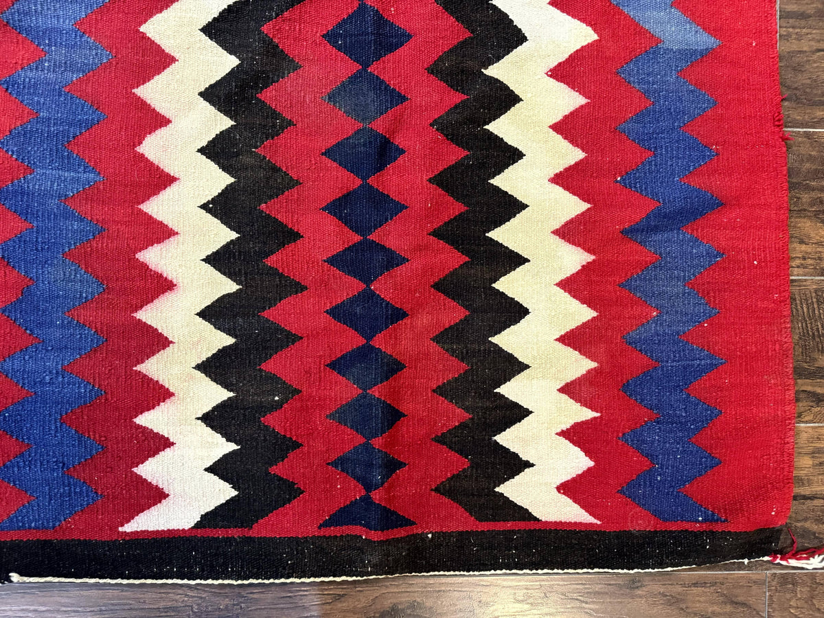 Antique Navajo Rug 3.7 x 2.8, Red Ivory Blue, Zig Zag Pattern, Handmade, Wool - Jewel Rugs, view 9