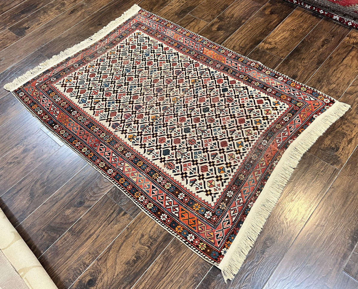 Antique Caucasian Rug 4x5, Hand Knotted Handmade Shirvan Oriental Carpet, Ivory Red Rug Allover Pattern, Rare Wool Rug, Tribal Geometric Rug - Jewel Rugs, view 11