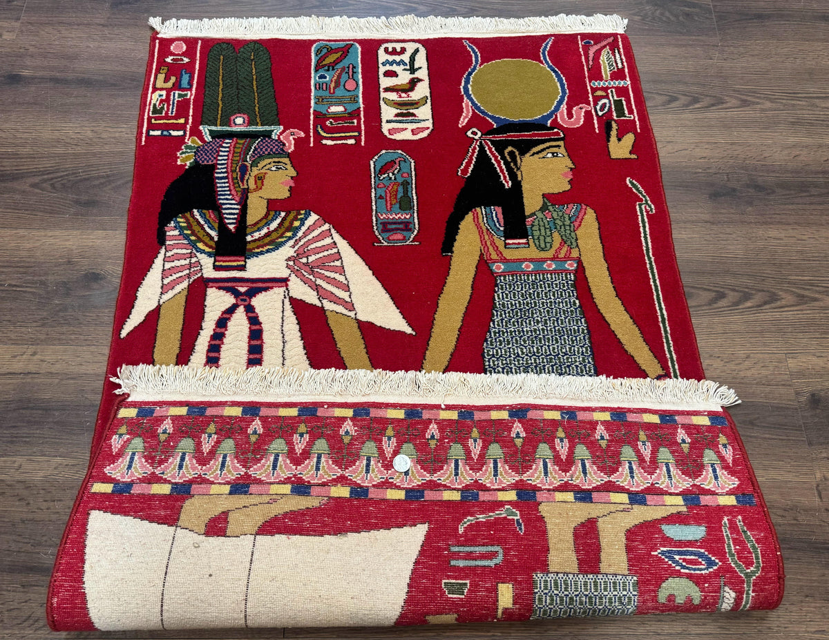 Egyptian Pictorial Rug 3x4, Hieroglyphic Pictorial Rug, Egyptian Prince and Princess, Cleopatra, Vintage Handmade, Red - Jewel Rugs, view 12